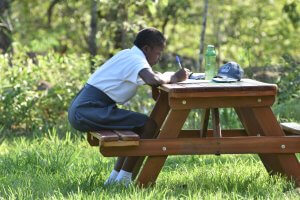 Student on outdoor study benches